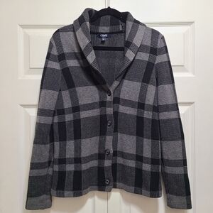 Chaps Women's Cardigan size M black gray plaid‎